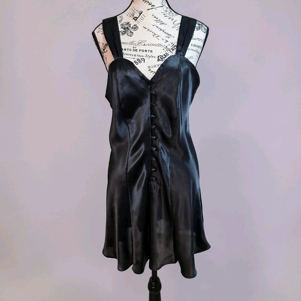 90s Vtg Erika Taylor Black Satin Mini Slip Dress - Coquette / Goth Luxe M